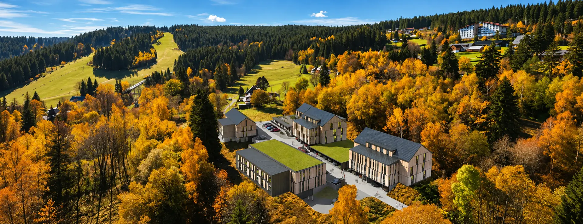 Horská architektura v podzimní krajině, dodaná vizualizace