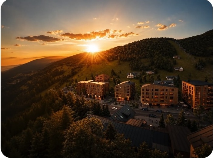 AERIS Resort Krkonoše – vizualizace projektu při západu slunce